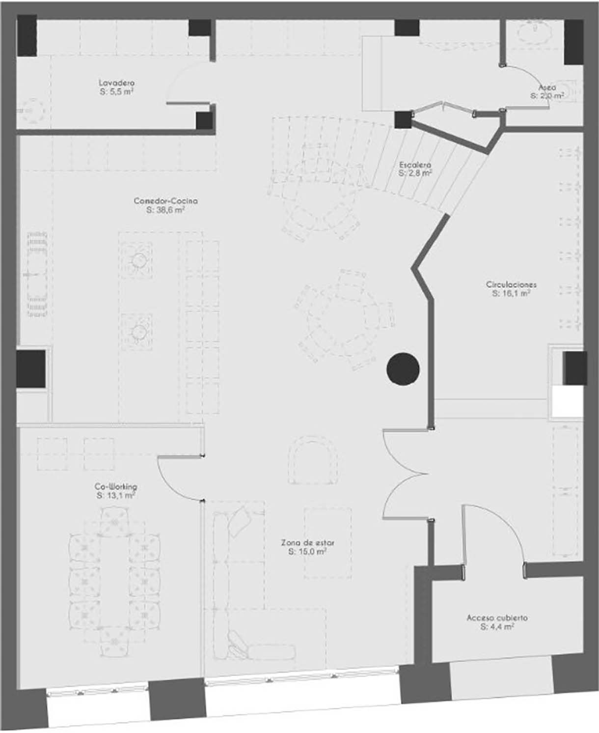 ground floor - living area coworking kitchen
